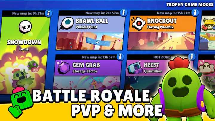 Módválasztó lista: Showdown, Brawl Ball, Knockout, Gem Grab, Heist és Hot Zone, mindegyik mellett a következő térkép visszaszámlálója