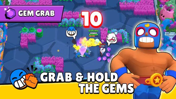 Gem Grab meccs: a csapat tízes gyűjtésnél áll, jobbra egy maszkos karakter, alul angol felirat – Grab and hold the gems