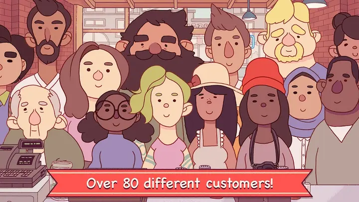 Rajzolt vendégek sokasága a pult előtt, alul angol felirat – Over 80 different customers